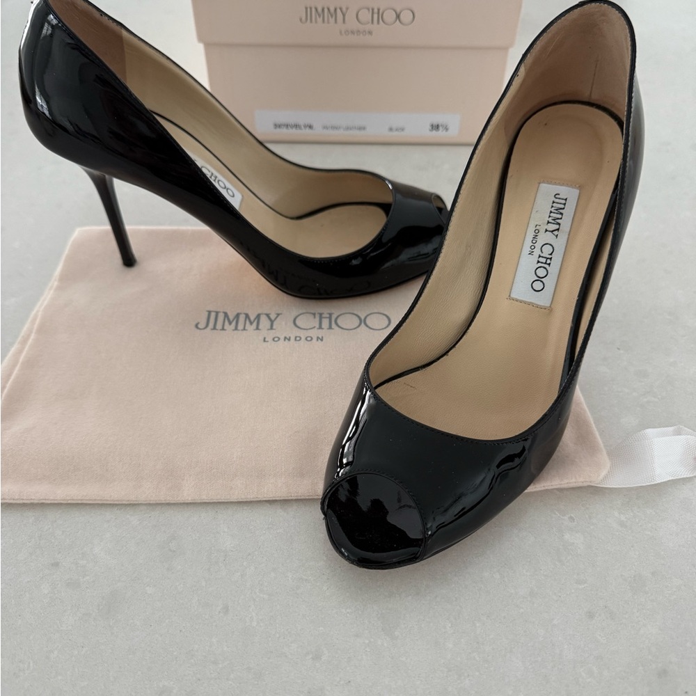 SOLD. Jimmy Choo Glossy Black Peep-Toe Heels
